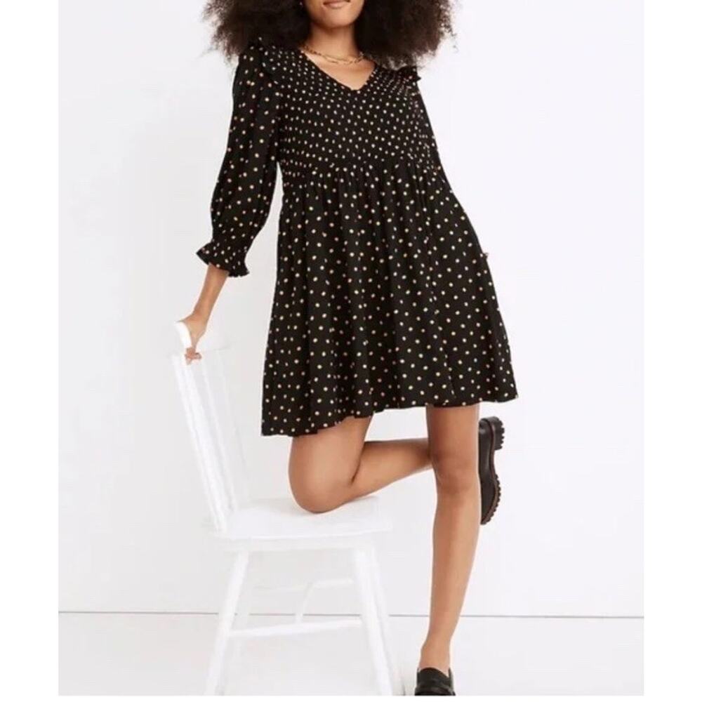 Madewell Women’s Lucie- SZ XS -V-Neck Smocked 3/4 Sleeve Polka Dot‎ Mini Dress